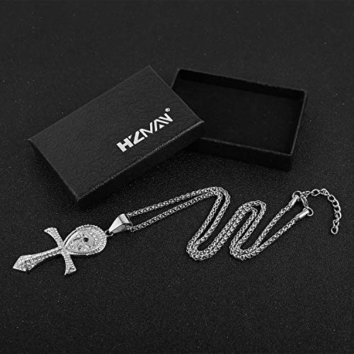 HZMAN CZ Eye of Horus Egypt Protection Pendant Coptic Ankh Cross Religious Stainless Steel Necklace - color: Silver