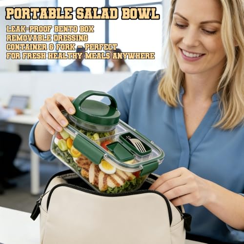 Upgraded Salad Pod Mason Jar Side Open,Portable Salad Container,On The Go Salad Jar Compartment for Travel Office Lunch,Leakproof Airtight,BPA Free & Dishwasher Safe (Square - Green)