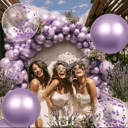 AULE Party Balloons Pack of 42 - Metallic Lavender Balloons and Confetti Latex Helium Balloons With 64ft Ribbons - 12 Inch Lilac Chrome Balloon Decoration Set - color: Lavender