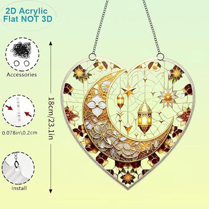 Heart Shaped Crescent Moon Lantern Floral Acrylic Suncatcher with Hanging Chain, Islamic Style Window Decor for Home, Patio, Garden,Ideal Present for Ramadan, Eid, Wedding, Housewarming/YX-45