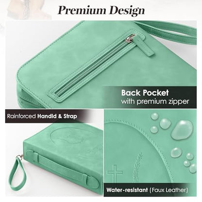 Leather Bible Cover for Women, Zippered Floral Case with Handle, Green | Bible Study, Church, Journaling & Travel - color: Sage Green