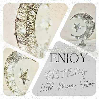 Eid Crescent Moon Star Table Lamp - Battery-Powered LED Light, Festive Home Décor Eid Gift Set with Mubarak Balloons, 14” Long (Silver) - color: Silver