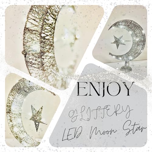 Eid Crescent Moon Star Table Lamp - Battery-Powered LED Light, Festive Home Décor Eid Gift Set with Mubarak Balloons, 14” Long (Silver) - color: Silver