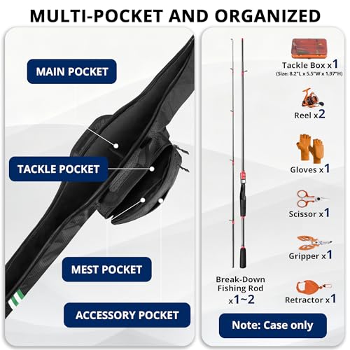 PEKREWS Fishing Rod Case, 52inch Fishing Pole Bag with Tackle Pockets | Fits Break-Down Spinning Rod Reel Combo, Padded Soft Rod Bag with Shoulder Strap and Handle, Pole Travel Case For Angler - color: Green