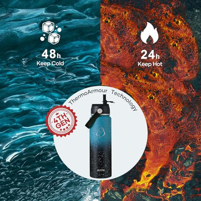 BUZIO 24 oz Insulated Water Bottle, Stainless Steel Wide Mouth Water Flask with Straw Lid, Cold for 48 Hrs Leak Proof Metal Hydro Thermo Canteen Mug, Dappled Navy Black - color: Dappled Navy Black, size: 24 Ounces