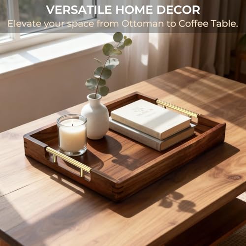 Acacia Wood Serving Tray with 2 Sets of Handles (Gold & Silver) - 17" Large Wooden Tray for Ottoman Coffee Table, Decorative Tray for Living Room & Kitchen - Solid Wood Table Topper