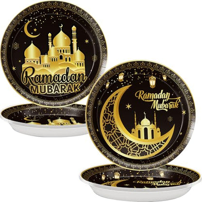 Ramadan Plates for Home Black and Gold Eid Mubarak Ramadan 9 Inch Paper Plates for Ramadan Party Decorations