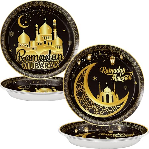 Ramadan Plates for Home Black and Gold Eid Mubarak Ramadan 9 Inch Paper Plates for Ramadan Party Decorations