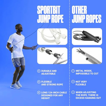 SPORTBIT Adjustable Jump Rope for Fitness and Exercise | Fitness and Exercise, Cardio, Boxing, and Weight Loss, Speed Rope, Men & Women - color: White