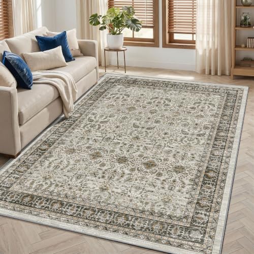 Ivory Gray Farmhouse Area Rugs 5x7, Washable Upgraded Non-Slip Dark Boho Living Room Rug, Vintage Distressed Low Pile Print Pattern Carpet for Kitchen Bedroom Dining Room Home Office, Ivory Gray - color: Ivory Gray, size: 5' x 7' (Rectangular)