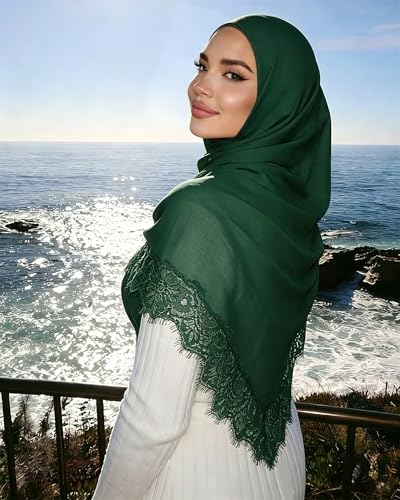 JUMISEE Elegant Floral Lace Hijab Scarf for Women Soft Cotton Head Wrap Instant Hijab Long Scarves Evening Dress Shawl - color: Green