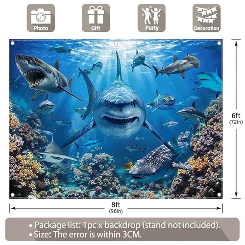 8x6ft Shark Theme Under the Sea Photography Backdrop | Underwater World, Kids Party Supplies, Aquarium Coral Reef Shallows Banner, Deep Ocean Photo Booth, Polyester, Grommets, 1PC - size: 8'x6'