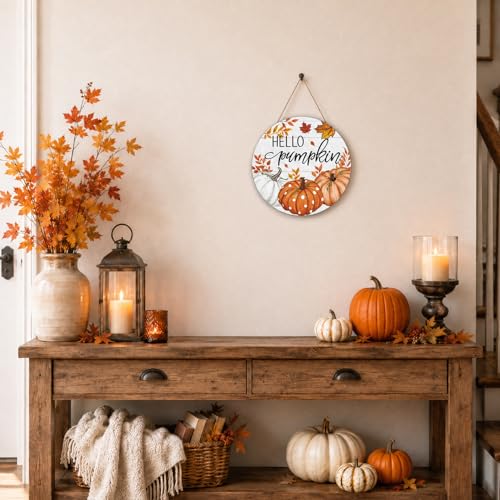 Smile Fall Thanksgiving Halloween Wooden Door Hanger, Hello Pumpkin Maple Leaf Rustic Wood Door Sign for Farmhouse Home Porch Autumn Holiday Party Decorations - style: Hello Pumpkin