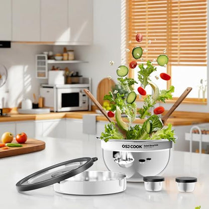 74oz Salad Bowl Kit with Lid & Tray, Scratch-Resistant 18/8 Stainless Steel Salad Bowls To Go For Lunch, Large Leak-Proof Container with 2 Condiment Canisters, Mirror - color: Mirror