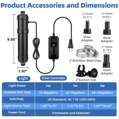 hygger Aquarium U-V Light, 7W U-V-C Lamp with Timer for 30-70 Gallon Tanks | Compact U-V light with Timer, 360° ABS Protective Shield, Freshwater or Saltwater Aquariums, Clear Water Support - size: 1.97 * 9.05 inches