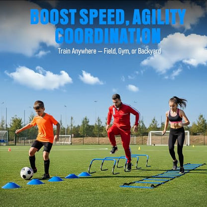 Agility Ladder, Soccer Football Training Equipment Set - 20ft Speed Ladder, 4 Hurdles,Parachute, 12 Cones & Jump Rope | Agility & Speed Training for Kids Youth Adults,Basketball & Football Accessories - color: Blue