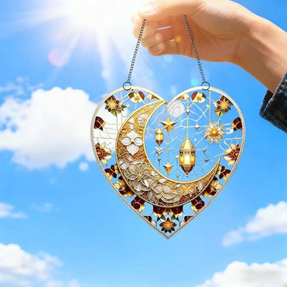 Heart Shaped Crescent Moon Lantern Floral Acrylic Suncatcher with Hanging Chain, Islamic Style Window Decor for Home, Patio, Garden,Ideal Present for Ramadan, Eid, Wedding, Housewarming/YX-45