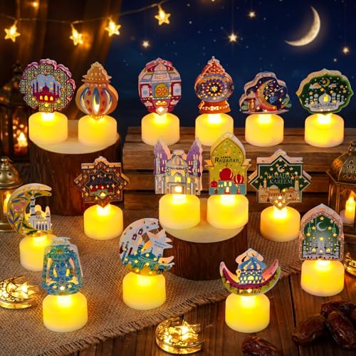 Handepo 15 Pcs Ramadan Eid Tea Lights Flameless Candles Table Decor - style: Colorful Eid