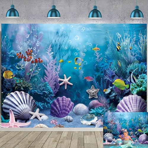 Under the Sea Backdrop Summer Tropical Fish Coral Ocean Underwater World Photography Background Ocean Aquarium Themed Baby Shower Birthday Party Banner Decorations Photo Booth Props 7x5FT - size: 7x5FT