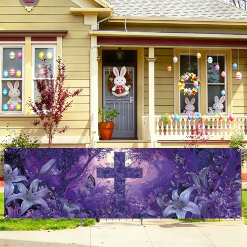 Purple Christian Cross Fence Banner 118 x 35 Inch, Large Waterproof Outdoor Religious Floral Banner with Lilies & Butterflies for Yard Church Decorations - color: 226-1