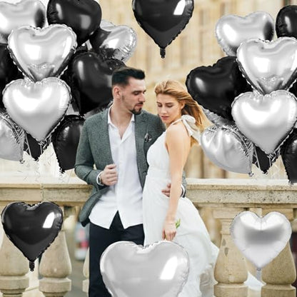 Black Silver Heart Balloons, 10PCS Metallic Foil for Goth Disco Birthday - color: Black Silver