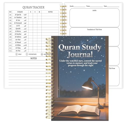 Premium Quran Study Journal - A5 Spiral Bound Islamic Reflection Notebook with 120 Pages 100gsm Thick Paper - Arabic & Translation Tracker for Daily Quranic Study, Memorization & Ramadan Gifts (Starry Night) - color: Starry Night