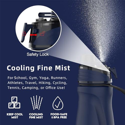 Misting Water Bottle, 24oz Insulated Water Bottle, 2-in-1 Mist & Sip Stainless Steel Water Bottles, Sports Water Bottle for Hiking, Running, Gym - color: Navy Blue