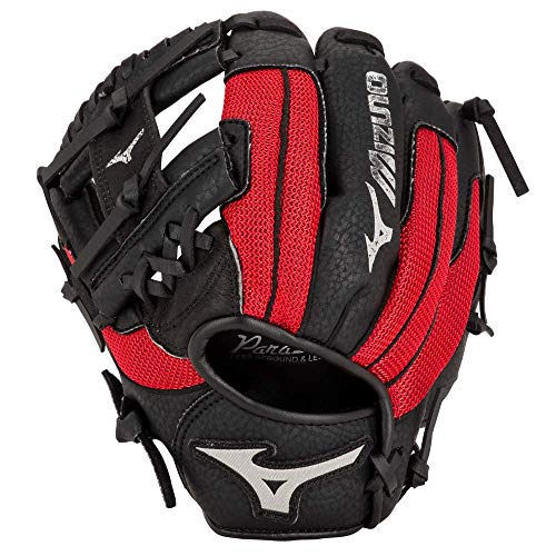 Mizuno Prospect PowerClose Youth Baseball Glove Series I V-Flex Notch I Parashock Palm Pad I Buttersoft Palm Liner - color: Black/Red|Deep 3 Web, size: 10"|All Positions|Ages 3-6