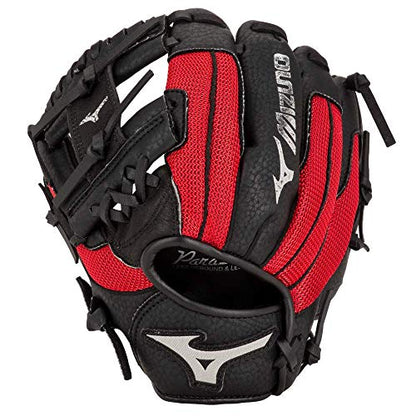 Mizuno Prospect PowerClose Youth Baseball Glove Series I V-Flex Notch I Parashock Palm Pad I Buttersoft Palm Liner - color: Black/Red|Deep 3 Web, size: 10"|All Positions|Ages 3-6