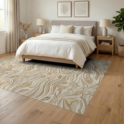 6'x9' Beige Beachy with Rustic Ocean Shell Motif Washable Area Rug | Natural Seashell Starfish and Sand Waves Easy Care, Non-Shedding, for Queen Size Bedroom Under Bed Master Suite - color: Beige/Pattern 28, size: 6' x 9' (Rectangular)