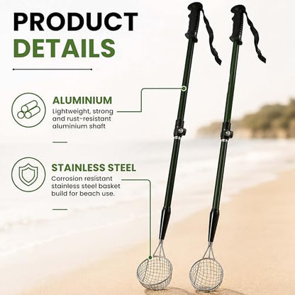 VOS Sand Sifter 2-Pack | Adjustable Handle 21"–33" | Stainless Steel Beach Scoop for Seashells, Shark Teeth & Sea Glass | Lightweight Aluminium, Rust-Resistant – Black - color: Black