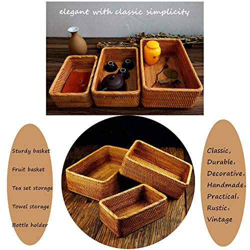 Handmade Rectangle Wicker Fruit Box Rattan Tray Magazine Organizer and Small Objects Container Serving Basket (3-Size/Kit) - size: 3-Size/Kit