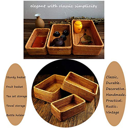 Handmade Rectangle Wicker Fruit Box Rattan Tray Magazine Organizer and Small Objects Container Serving Basket (3-Size/Kit) - size: 3-Size/Kit