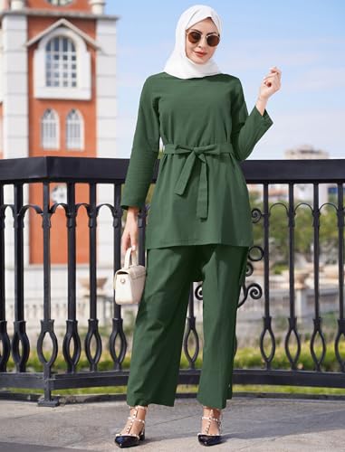 2 Piece Abaya for Women Muslim Long Sleeve Loose Top Pants Set Casual Eid Ramadan Outfits Dubai Islamic Muslim Clothes - color: Dark Green, size: Small