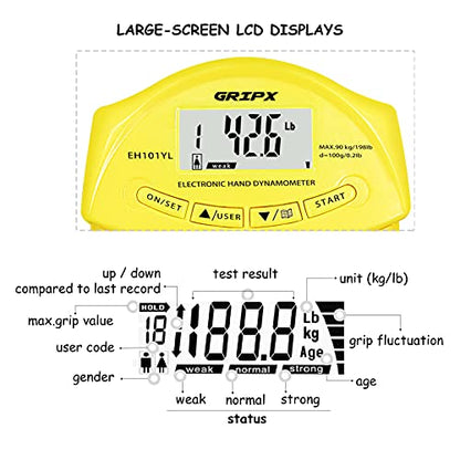 Digital Hand Dynamometer Grip Strength Measurement Meter Auto Capturing Electronic Hand Grip Power 198Lbs / 90Kgs - color: Yellow