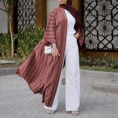 Womens Muslim Kimono Abaya Solid Striped Retro Ethnic Cardigan Robe Dubai Middle Eastern Saudi Arabia Eid Clothes - color: Brick Red Long Cardigan, size: X-Large