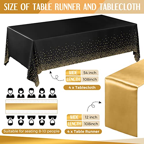 Breling 8 Pack New Year Black and Gold Disposable Plastic Tablecloths and Satin Table Runner Set, 54 x 108 Inch Tablecloth, 12 x 108 Inch Table Runners for Wedding Graduation Birthday Baby Shower - color: Black and Gold