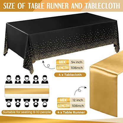 Breling 8 Pack New Year Black and Gold Disposable Plastic Tablecloths and Satin Table Runner Set, 54 x 108 Inch Tablecloth, 12 x 108 Inch Table Runners for Wedding Graduation Birthday Baby Shower - color: Black and Gold