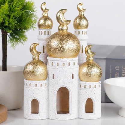 Hebdids，Mubarak Decorative ，White and Gold, 10.24 x 7.09 x 3.54 inches, Modern Style, Resin Material ， Mosque Castle Sculpture - size: 7.09*3.54*10.24in