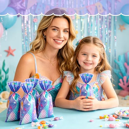 LERCTH 50 PCS Mermaid Gift Bags with Twist Ties - 4.9x10.7 Inch Treat Bags, Mermaid Tail Design Party Favor Bags for Mermaid Theme Party, Ocean Birthday, Summer Pool Party & Beach Events - color: Mermaid goodie bags 50packs