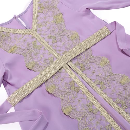 FYMNSI Kids Girls Muslim Abaya Dress Modest Lace Belted Prayer Dress Islamic Maxi Robe Kaftan Ramadan Arabian Dubai Clothes - color: Purple, Pink, size: 4-5T