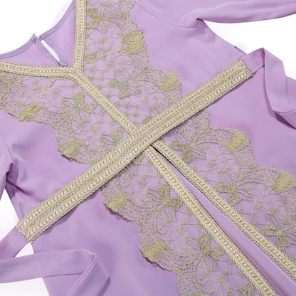 FYMNSI Kids Girls Muslim Abaya Dress Modest Lace Belted Prayer Dress Islamic Maxi Robe Kaftan Ramadan Arabian Dubai Clothes - color: Purple, Pink, size: 10-11 Years