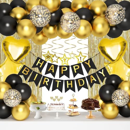 Black and Gold Balloon Arch Kit with Happy Birthday Banner – Birthday Decorations Set with Balloons, Star Cutouts, Hanging Swirls & Ribbon – Party Supplies for Birthday Decorations & Baby Shower - color: Gold