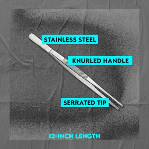 SE 12-Inch Stainless Steel Tweezers - Durable Knurled Handle Serrated Tip Design for Household and Professional Use - 513TW - size: 12 inch length