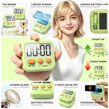 2 Pack Digital Timer for Kids Classroom Kitchen Timers for Cooking | w/ Battery, Easy to View, Alarm, Mute Mode, Count Down/Up, Magnetic, Kickstand, Hanging, Classroom Timer for Teacher Supplies - color: Light Green