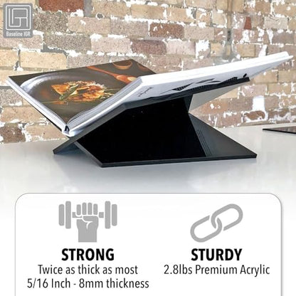 Large Black Acrylic Book Stand, 12.5" x 9.5" x 5.5”, Acrylic Book Holder, Open Bookstand for Display and Reading Cookbooks, Art Books, Bibles, Magazines - Home and Office - color: Black, size: Large