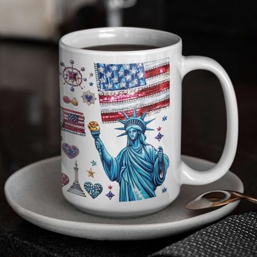 Custom Name Statue Of Liberty White Mug, Customized American Patriotic Full Wrap Mug, Personalized Independence Day Coffee Cup, USA Themed Ceramic Cup 11oz 15oz, Fourth Of July Mug - color: XUA-1124-3660-Fourth Of July Mug