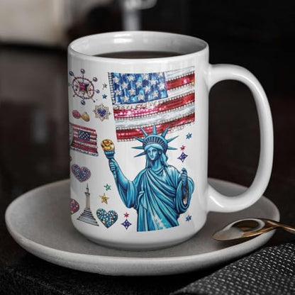 Custom Name Statue Of Liberty White Mug, Customized American Patriotic Full Wrap Mug, Personalized Independence Day Coffee Cup, USA Themed Ceramic Cup 11oz 15oz, Fourth Of July Mug - color: XUA-1124-3660-Fourth Of July Mug