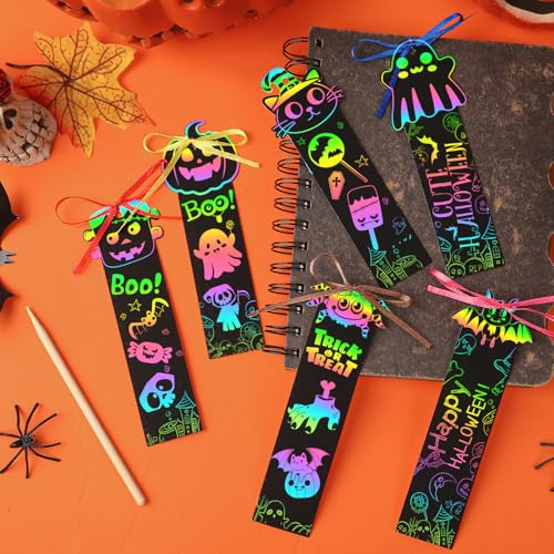 JUNEBRUSHS 30Pcs Halloween Scratch Bookmarks, Rainbow Magic Scratch Paper Art Pumpkin Bat Spider DIY Crafts Kit for School Classroom Activity Halloween Gifts - style: Halloween Style