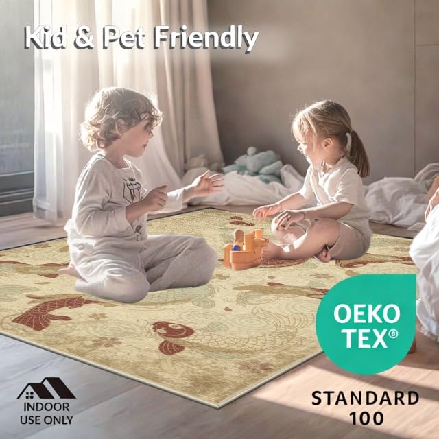 6'x9' Washable Japanese Koi Fish Area Rug, Beige Non-Shedding Pet Friendly Room Rug for Queen Size Bedroom, Under Bed, Master Suite, Foldable Easy Care Carpet | Ref:1885583 - color: Beige/Pattern 46, size: 6' x 9' (Rectangular)